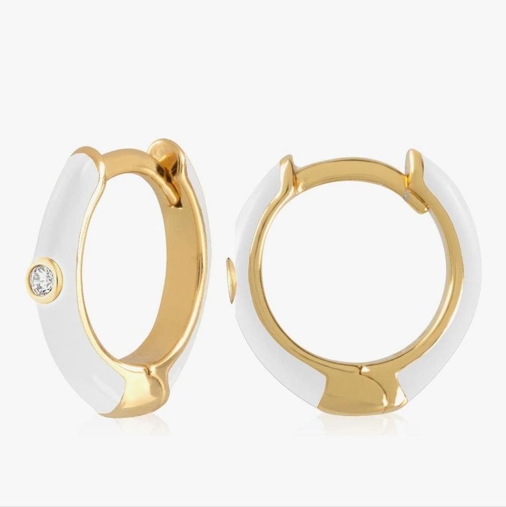 Little White Gold Hinged Hoops Enamel Hoop Earrings Rhinestone CZ Crystal Accent